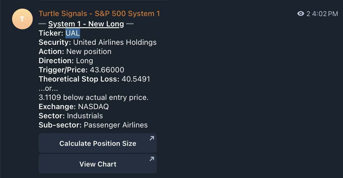 screenshot of message from turtle signals telegram group indicating a new long position should be taken for UAL